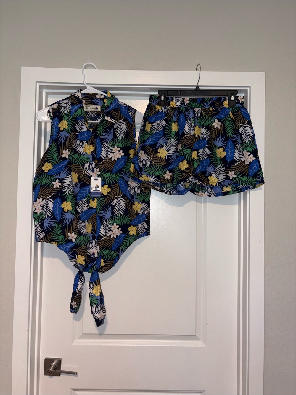Floral Tie-Front Tank Top with Matching Bottoms - Blue Multi